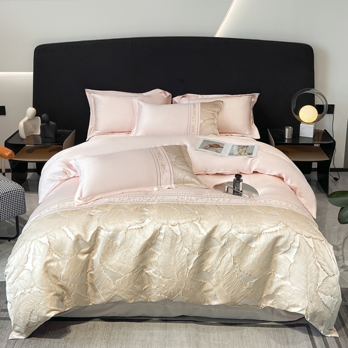 91家纺网 家纺一手货源 找家纺 梦舒羽2025新款莱赛尔天丝刺绣浮雕四件套 金枝玉叶-粉