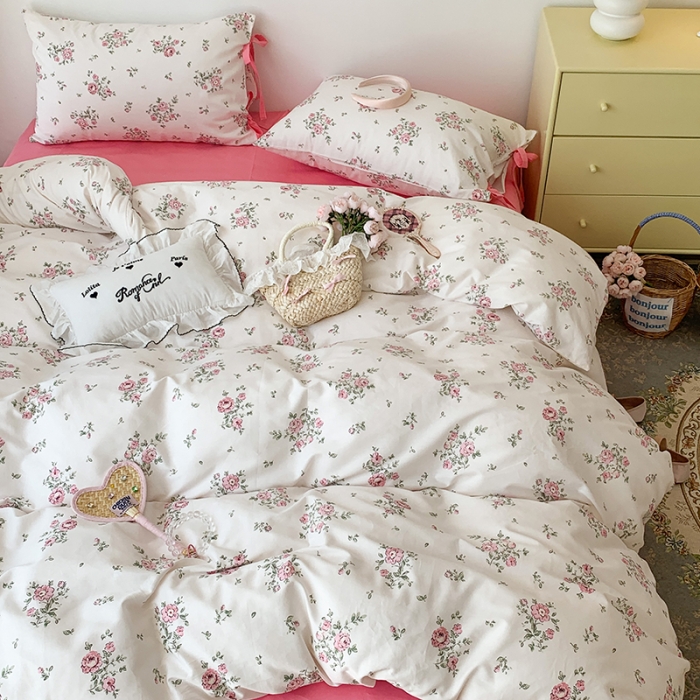 91家纺网 家纺一手货源 找家纺 昔可家纺 2023新款全棉蝴蝶结枕套普通款四件套 初恋蔷薇