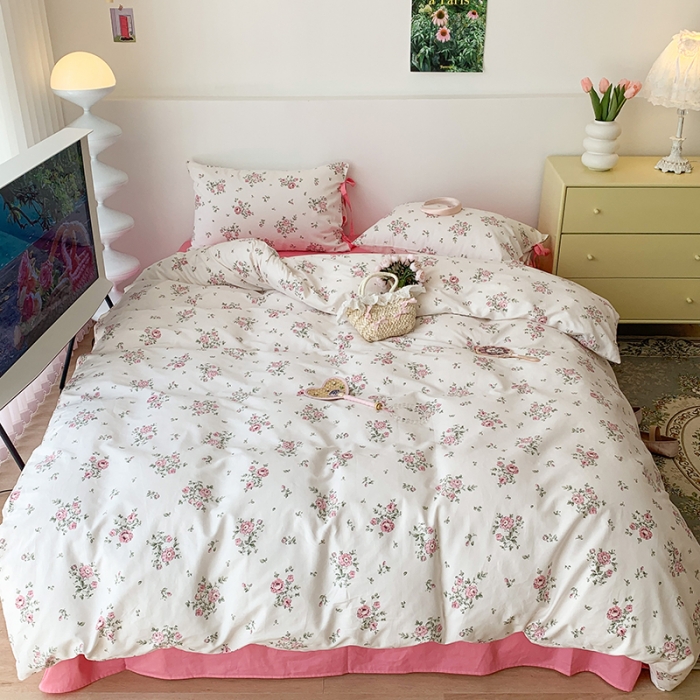 91家纺网 家纺一手货源 找家纺 昔可家纺 2023新款全棉蝴蝶结枕套普通款四件套 初恋蔷薇