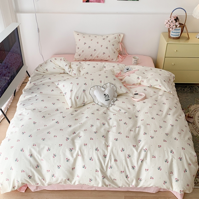 91家纺网 家纺一手货源 找家纺 昔可家纺 2023新款全棉蝴蝶结枕套普通款四件套 点点粉玫瑰