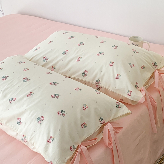 91家纺网 家纺一手货源 找家纺 昔可家纺 2023新款全棉蝴蝶结枕套普通款四件套 点点粉玫瑰