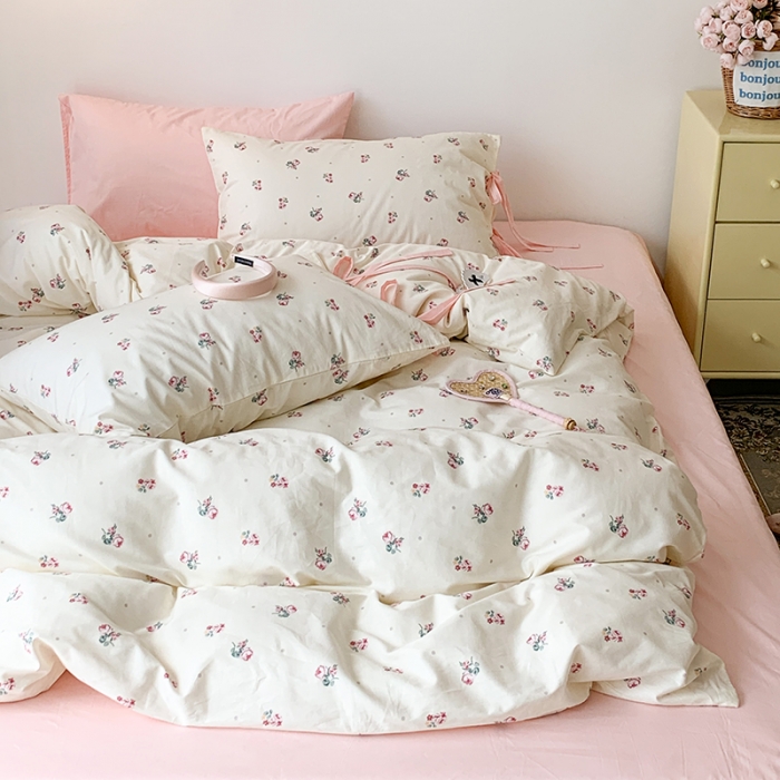 91家纺网 家纺一手货源 找家纺 昔可家纺 2023新款全棉蝴蝶结枕套普通款四件套 点点粉玫瑰
