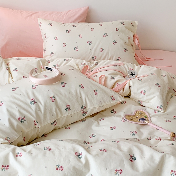 91家纺网 家纺一手货源 找家纺 昔可家纺 2023新款全棉蝴蝶结枕套普通款四件套 点点粉玫瑰