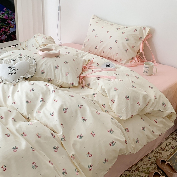 91家纺网 家纺一手货源 找家纺 昔可家纺 2023新款全棉蝴蝶结枕套普通款四件套 点点粉玫瑰