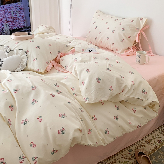 91家纺网 家纺一手货源 找家纺 昔可家纺 2023新款全棉蝴蝶结枕套普通款四件套 点点粉玫瑰