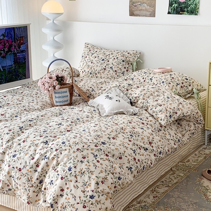 91家纺网 家纺一手货源 找家纺 昔可家纺 2023新款全棉蝴蝶结枕套普通款四件套 花漾