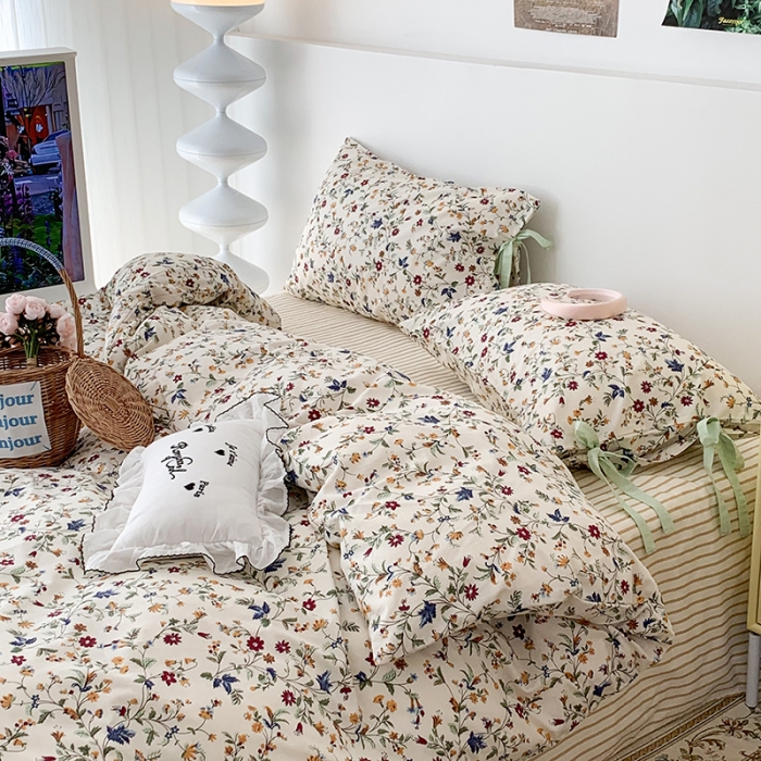 91家纺网 家纺一手货源 找家纺 昔可家纺 2023新款全棉蝴蝶结枕套普通款四件套 花漾