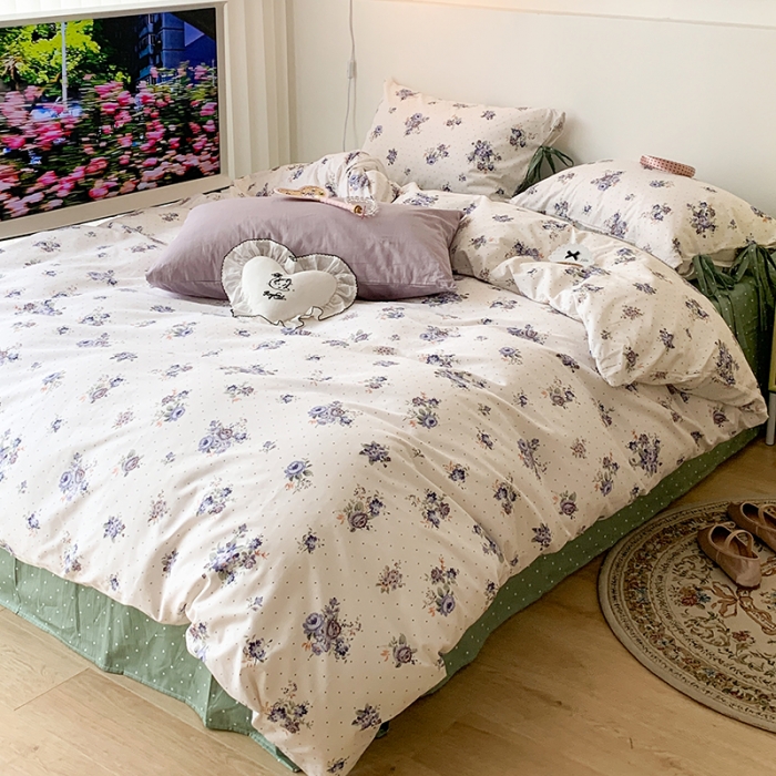 91家纺网 家纺一手货源 找家纺 昔可家纺 2023新款全棉蝴蝶结枕套普通款四件套 玫瑰画染紫