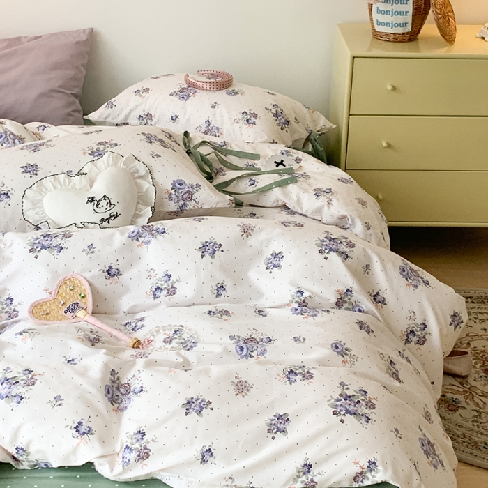 91家纺网 家纺一手货源 找家纺 昔可家纺 2023新款全棉蝴蝶结枕套普通款四件套 玫瑰画染紫