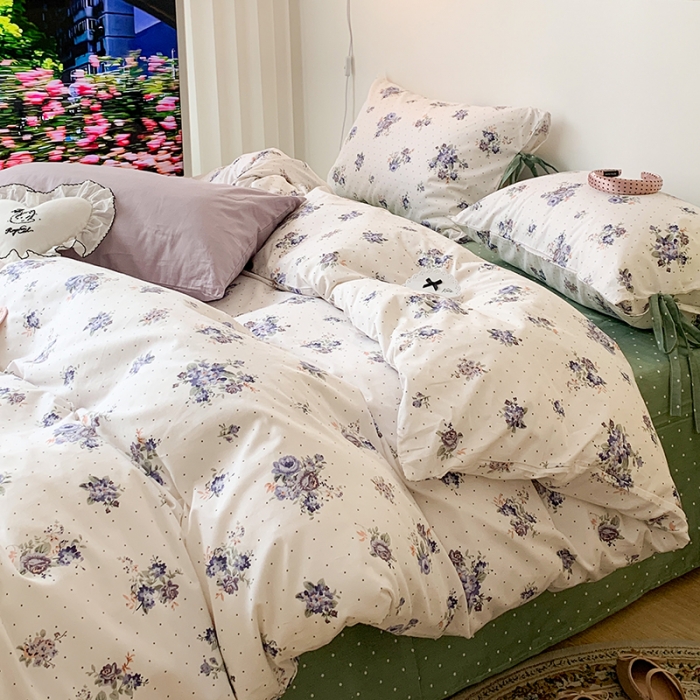 91家纺网 家纺一手货源 找家纺 昔可家纺 2023新款全棉蝴蝶结枕套普通款四件套 玫瑰画染紫