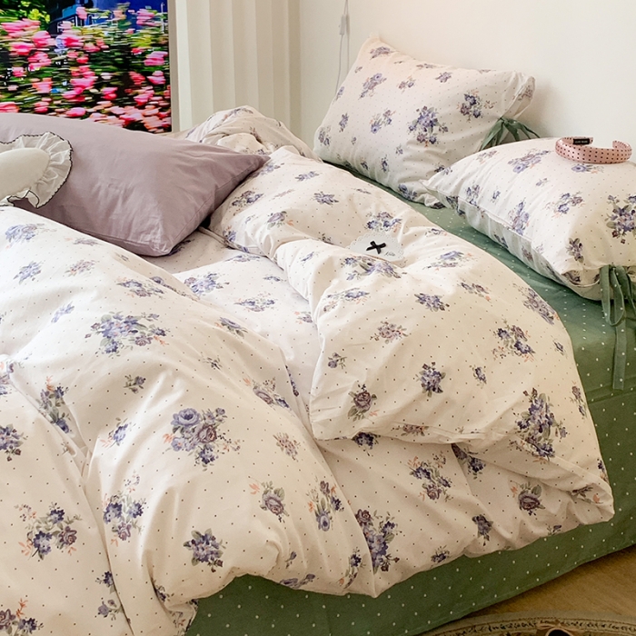 91家纺网 家纺一手货源 找家纺 昔可家纺 2023新款全棉蝴蝶结枕套普通款四件套 玫瑰画染紫