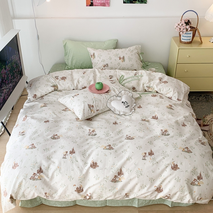 91家纺网 家纺一手货源 找家纺 昔可家纺 2023新款全棉蝴蝶结枕套普通款四件套 森林城堡的小鹿