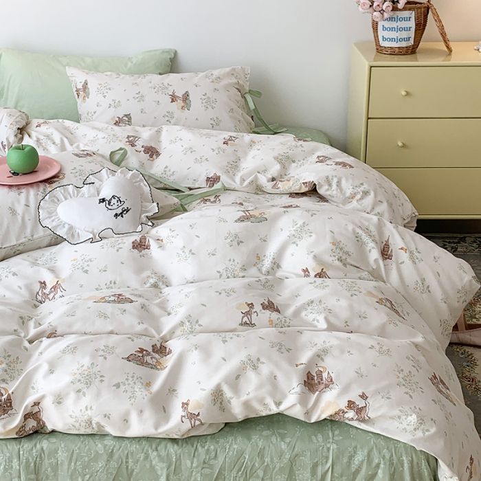 91家纺网 家纺一手货源 找家纺 昔可家纺 2023新款全棉蝴蝶结枕套普通款四件套 森林城堡的小鹿