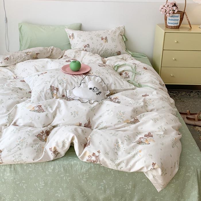 91家纺网 家纺一手货源 找家纺 昔可家纺 2023新款全棉蝴蝶结枕套普通款四件套 森林城堡的小鹿