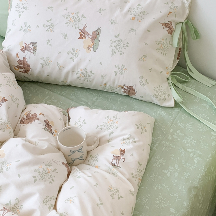 91家纺网 家纺一手货源 找家纺 昔可家纺 2023新款全棉蝴蝶结枕套普通款四件套 森林城堡的小鹿