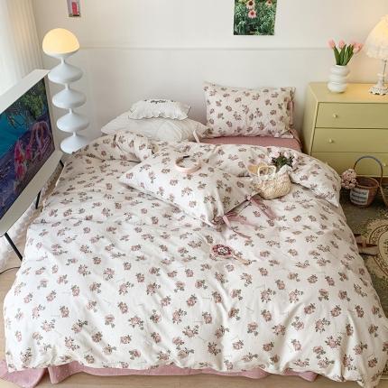 昔可家纺 2023新款全棉蝴蝶结枕套普通款四件套 水墨红玫瑰