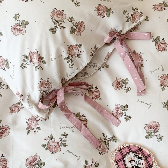 91家纺网 家纺一手货源 找家纺 昔可家纺 2023新款全棉蝴蝶结枕套普通款四件套 水墨红玫瑰