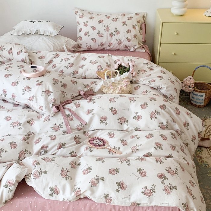 91家纺网 家纺一手货源 找家纺 昔可家纺 2023新款全棉蝴蝶结枕套普通款四件套 水墨红玫瑰