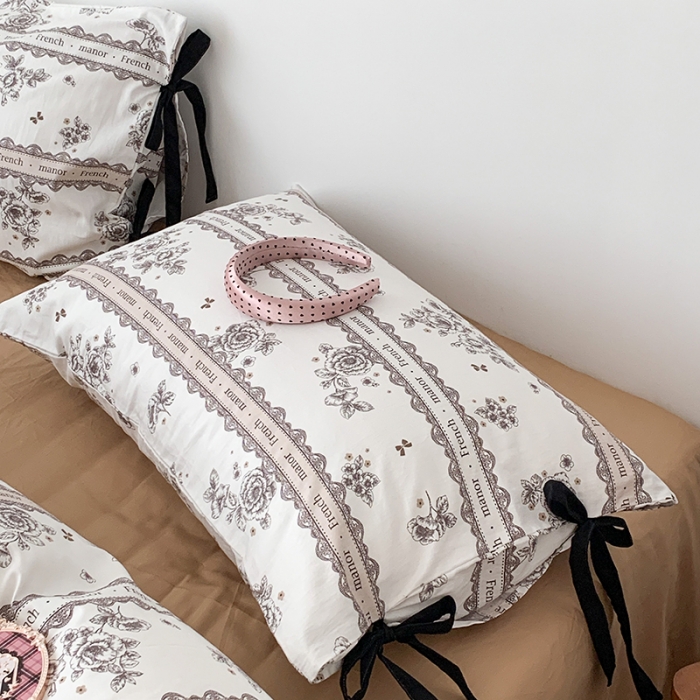 91家纺网 家纺一手货源 找家纺 昔可家纺 2023新款全棉蝴蝶结枕套普通款四件套 水墨山茶