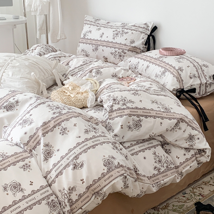 91家纺网 家纺一手货源 找家纺 昔可家纺 2023新款全棉蝴蝶结枕套普通款四件套 水墨山茶