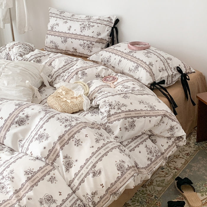 91家纺网 家纺一手货源 找家纺 昔可家纺 2023新款全棉蝴蝶结枕套普通款四件套 水墨山茶