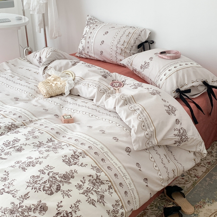 91家纺网 家纺一手货源 找家纺 昔可家纺 2023新款全棉蝴蝶结枕套普通款四件套 午后清茶