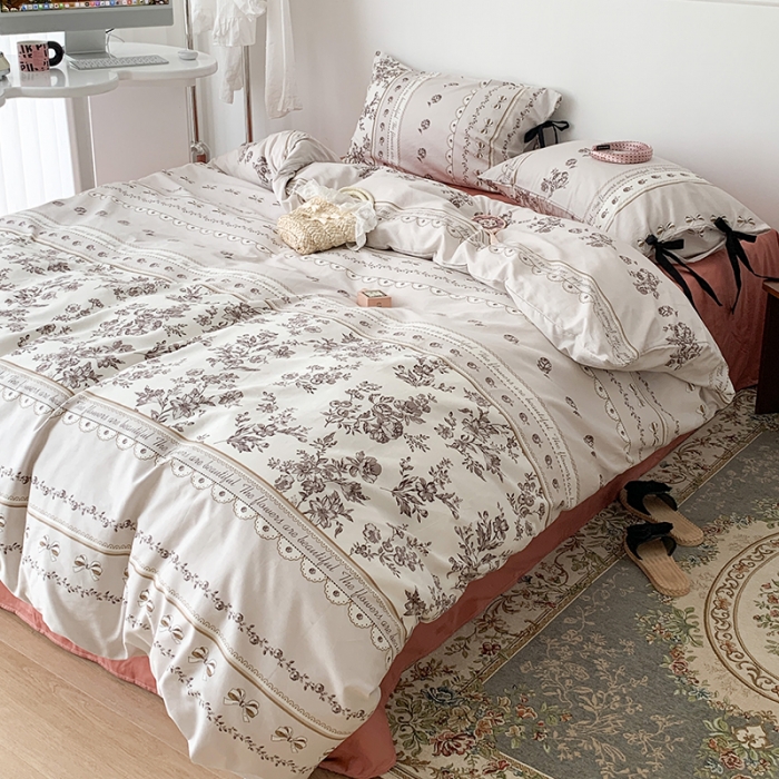 91家纺网 家纺一手货源 找家纺 昔可家纺 2023新款全棉蝴蝶结枕套普通款四件套 午后清茶