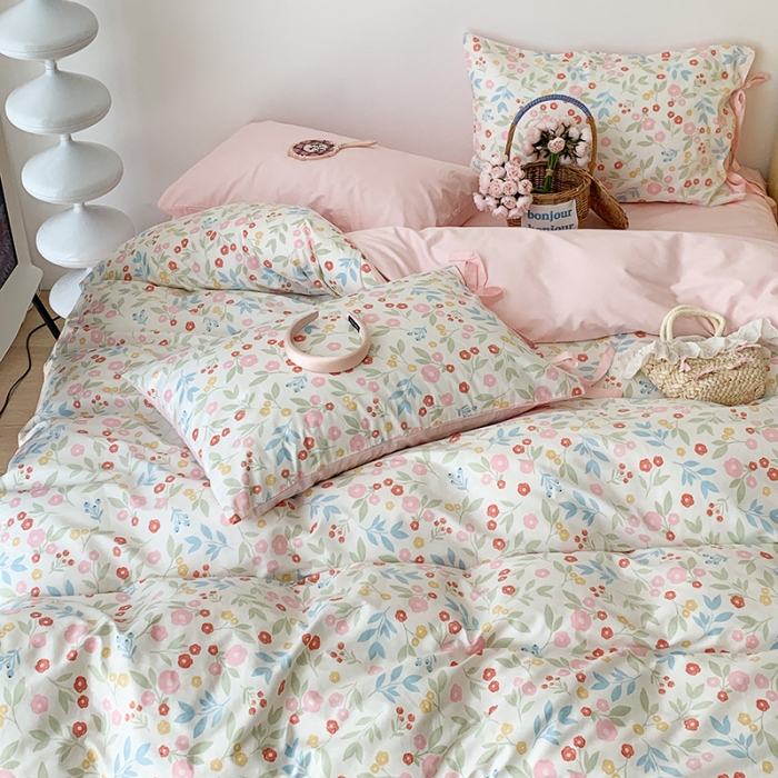 91家纺网 家纺一手货源 找家纺 昔可家纺 2023新款全棉蝴蝶结枕套普通款四件套 夏日佛罗伦萨