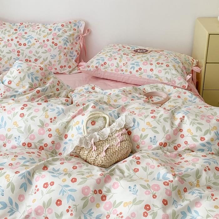 91家纺网 家纺一手货源 找家纺 昔可家纺 2023新款全棉蝴蝶结枕套普通款四件套 夏日佛罗伦萨