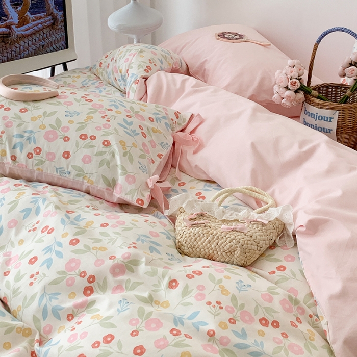 91家纺网 家纺一手货源 找家纺 昔可家纺 2023新款全棉蝴蝶结枕套普通款四件套 夏日佛罗伦萨