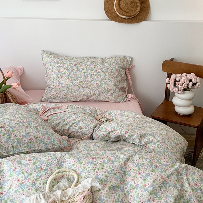 91家纺网 家纺一手货源 找家纺 昔可家纺 2023新款全棉蝴蝶结枕套普通款四件套 仙境花园