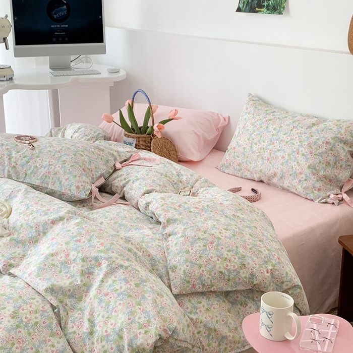 91家纺网 家纺一手货源 找家纺 昔可家纺 2023新款全棉蝴蝶结枕套普通款四件套 仙境花园