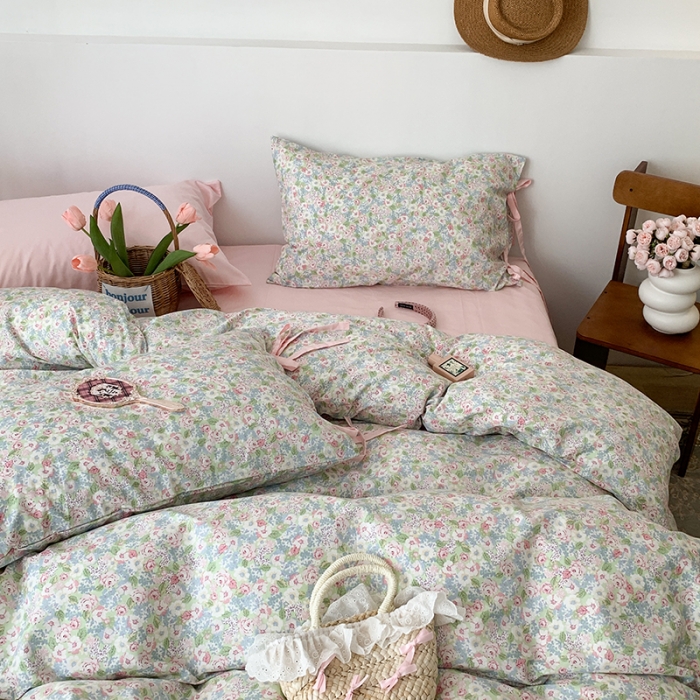 91家纺网 家纺一手货源 找家纺 昔可家纺 2023新款全棉蝴蝶结枕套普通款四件套 仙境花园