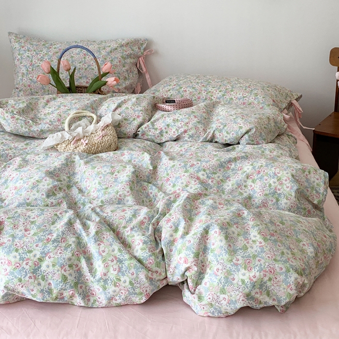 91家纺网 家纺一手货源 找家纺 昔可家纺 2023新款全棉蝴蝶结枕套普通款四件套 仙境花园