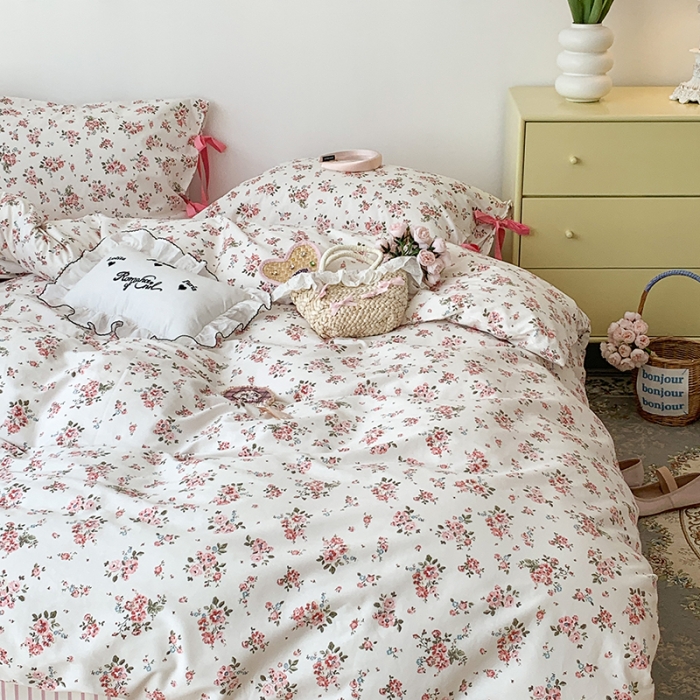 91家纺网 家纺一手货源 找家纺 昔可家纺 2023新款全棉蝴蝶结枕套普通款四件套 樱花信子