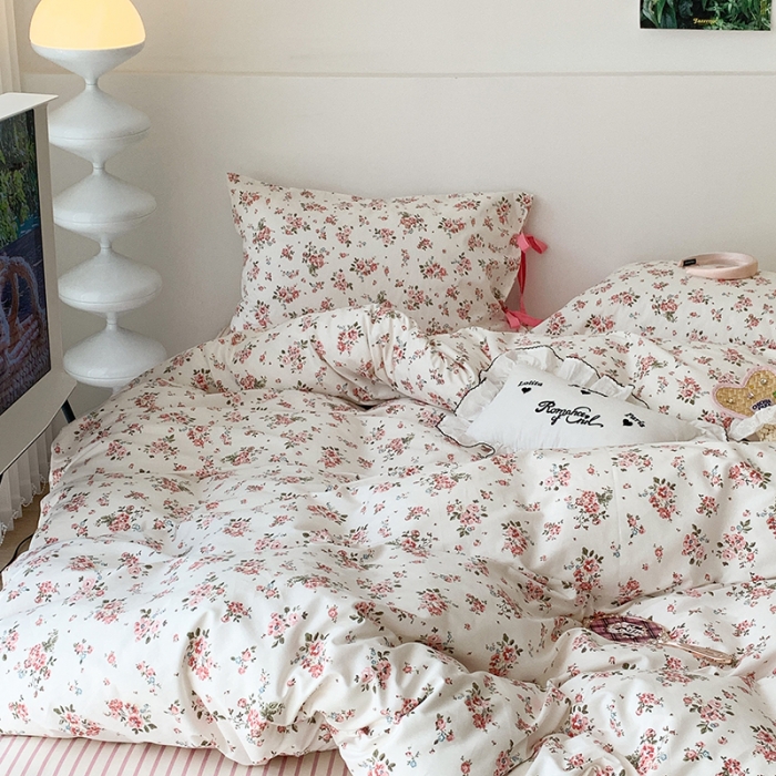 91家纺网 家纺一手货源 找家纺 昔可家纺 2023新款全棉蝴蝶结枕套普通款四件套 樱花信子