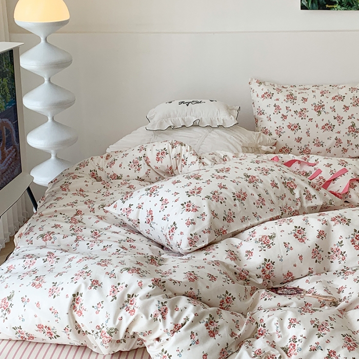 91家纺网 家纺一手货源 找家纺 昔可家纺 2023新款全棉蝴蝶结枕套普通款四件套 樱花信子