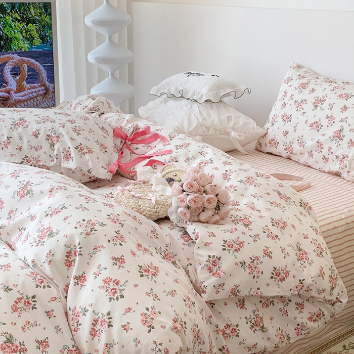 91家纺网 家纺一手货源 找家纺 昔可家纺 2023新款全棉蝴蝶结枕套普通款四件套 樱花信子