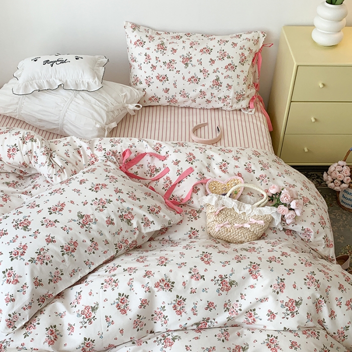 91家纺网 家纺一手货源 找家纺 昔可家纺 2023新款全棉蝴蝶结枕套普通款四件套 樱花信子
