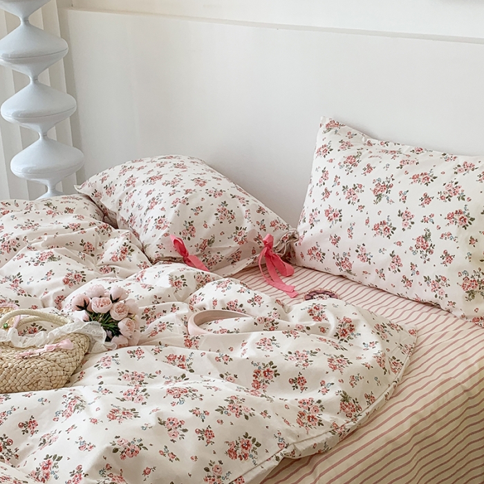 91家纺网 家纺一手货源 找家纺 昔可家纺 2023新款全棉蝴蝶结枕套普通款四件套 樱花信子