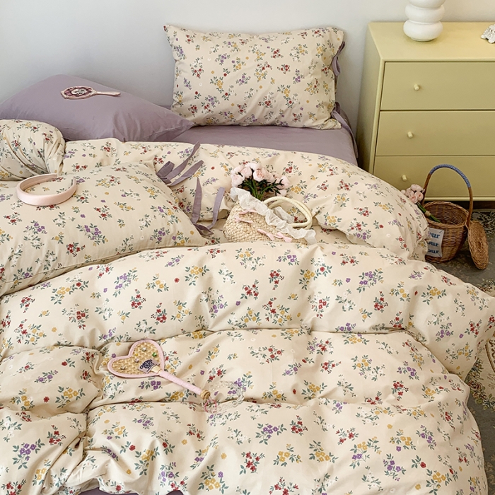 91家纺网 家纺一手货源 找家纺 昔可家纺 2023新款全棉蝴蝶结枕套普通款四件套 紫色慕斯