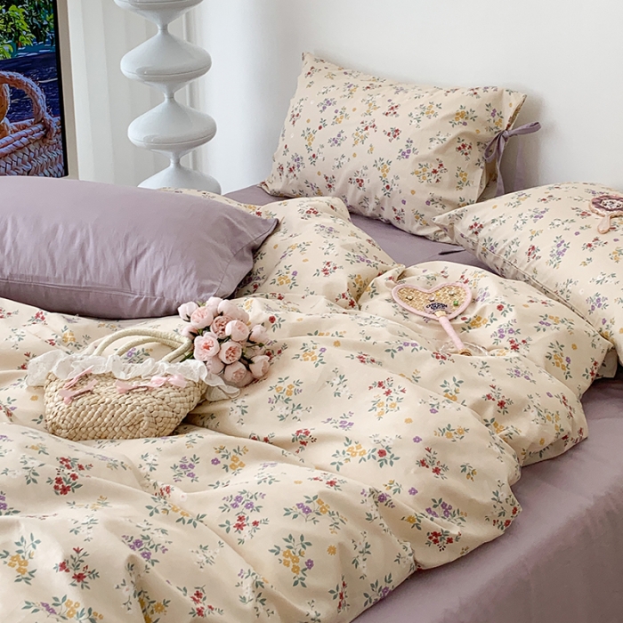 91家纺网 家纺一手货源 找家纺 昔可家纺 2023新款全棉蝴蝶结枕套普通款四件套 紫色慕斯