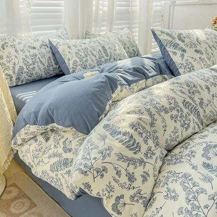 91家纺网 家纺一手货源 找家纺 直播爆款法式风双层纱棉麻水洗棉四件套 花季