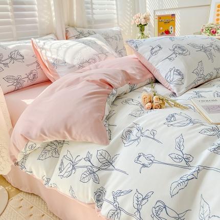 91家纺网 家纺一手货源 找家纺 直播爆款法式风双层纱棉麻水洗棉四件套 兰玫瑰