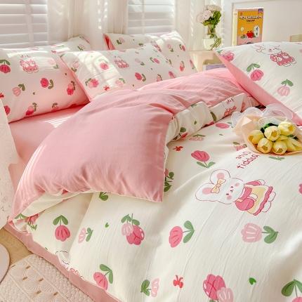 91家纺网 家纺一手货源 找家纺 直播爆款法式风双层纱棉麻水洗棉四件套 曼塔玫瑰