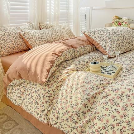 91家纺网 家纺一手货源 找家纺 直播爆款法式风双层纱棉麻水洗棉四件套 玫瑰园