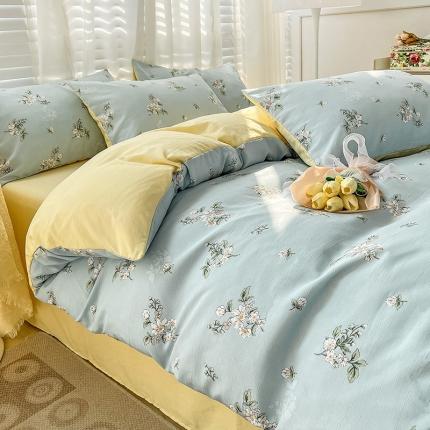 91家纺网 家纺一手货源 找家纺 直播爆款法式风双层纱棉麻水洗棉四件套 清欢-蓝