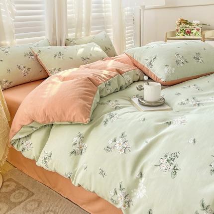 91家纺网 家纺一手货源 找家纺 直播爆款法式风双层纱棉麻水洗棉四件套 清欢-绿