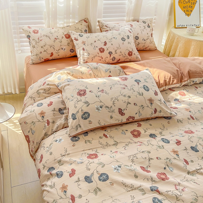 91家纺网 家纺一手货源 找家纺 直播爆款法式风双层纱棉麻水洗棉四件套 朝颜