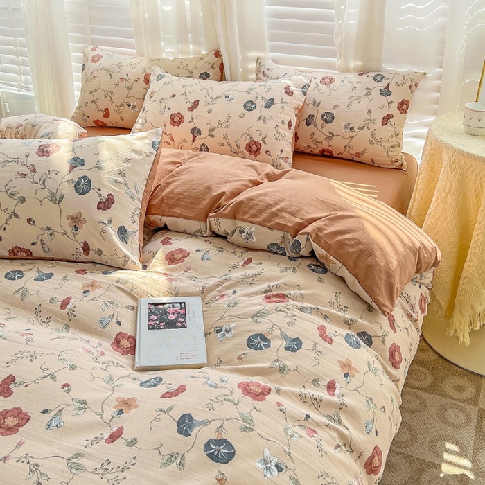 91家纺网 家纺一手货源 找家纺 直播爆款法式风双层纱棉麻水洗棉四件套 朝颜